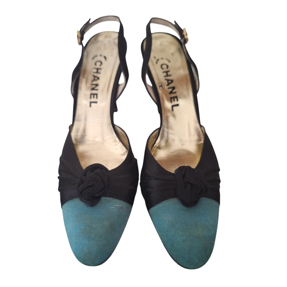 vintage Chanel black green silk leather heel flats size‎ 8,5 A